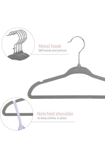 Lumely 50 Pack Velvet Hangers,with 10 Finger Clips,Non-Slip Space Saving,for Clothes Skirt Suits,Gray