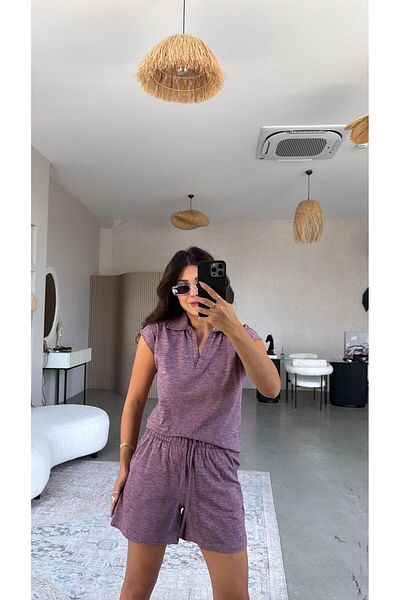 Buket Teke Polo Neck Tshirt Set with Plum Shorts