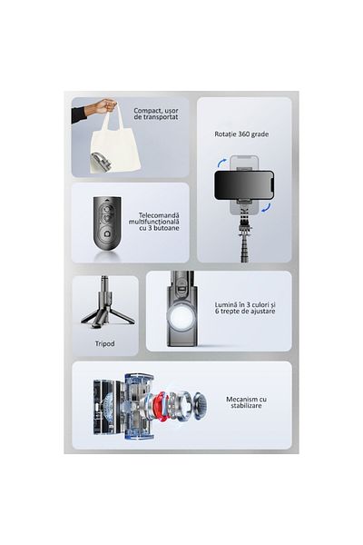 OBRALIX Stick selfie cu stabilizator, LED, telecomandă Bluetooth, iOS/Android