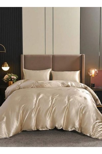 LUNA HOME Silky Satin, King Size 6-Piece Bedding Set, Plain Gold Brown Color 220x240cm.