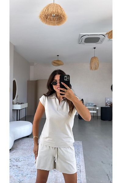 Buket Teke Beige Shorts Polo Neck Tshirt Set