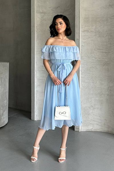 MILANOFOX Ruffled Madonna Collar Chiffon Flight Flight Woven Midi Dress – Lined, Belted, Elastic Waist, Summer