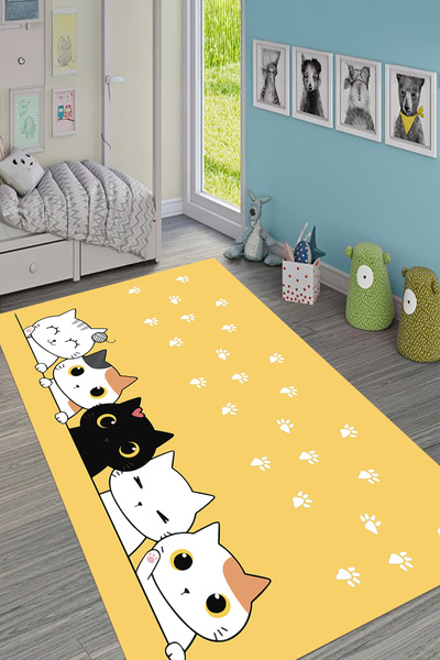 EVİMSEN Dekoratif Baskılı Yıkanabilir ve Kaymaz Kedi ve Pati İzli Desenli Çoc...
