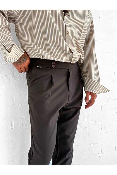 ablukaonline Men's Adjustable Buckle Pleated Fabric Trousers Brown