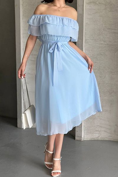 MILANOFOX Ruffled Madonna Collar Chiffon Flight Flight Woven Midi Dress – Lined, Belted, Elastic Waist, Summer