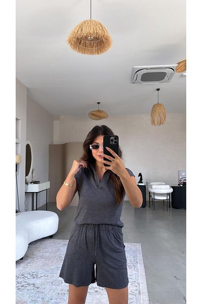 Buket Teke Dark Anthracite Shorts Polo Neck Tshirt Set