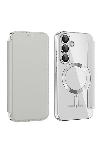 SKYDDAR INNOVATION Case for Samsung Galaxy S25, SmartMag Book, Magsafe, RFiD, Card Holder, sticker set, Gray