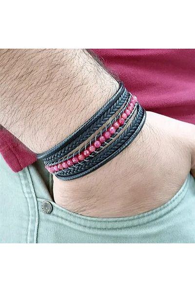 OSMANLI GÜMÜŞ Multi Leather Cord Bracelet with Red Faceted Agate Natural Stone