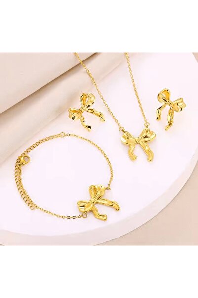 monalisatoka Kadın Gold Fiyonk Kolye+Bileklik+Küpe Seti