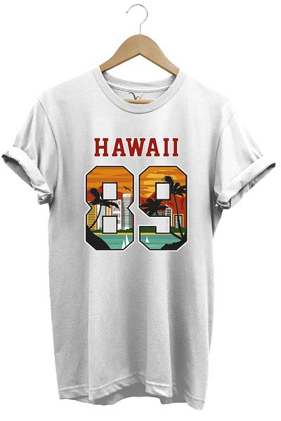 WİDİ Hawaii 89 Sunset Palm and Sailboat Printed 100% Cotton Unisex Regular Fit T-Shirt