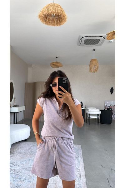 Buket Teke Lilac Shorts Polo Neck Tshirt Set