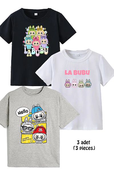 makiteks Tricou 3 bucăți din bumbac pieptănat fete băieți unisex copii tricou imprimat 5 6 7 8 9 10 11 12 13 14 ani Labubu