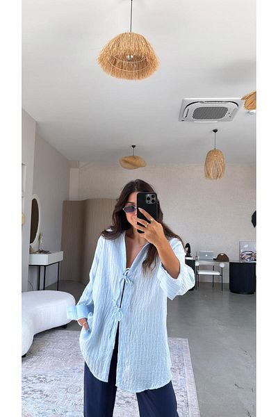 Buket Teke Baby Blue Premium Tie-Up Shirt Blouse