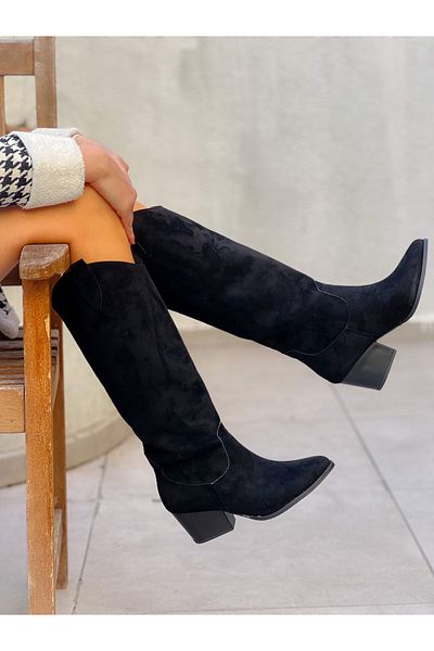 BERFONA Folly Black Suede 6 cm Heel Dallas Boots