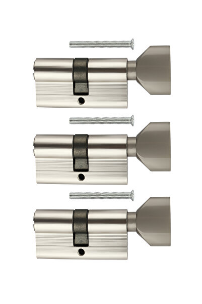 Lawazim مجموعة أقفال أسطوانية بإبهام من 3 قطع - قفل أوروبي بدون مفتاح فضي غير لامع مقاس 60 مم مع مقبض للأبواب