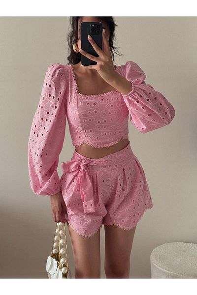 LOCH BUTİK Women's Pink Embroidered Shorts Double Set