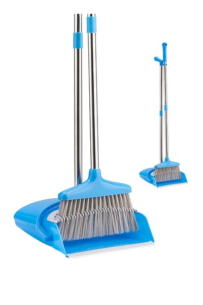 Lawazim Broom and Dustpan Set - Blue, Self-Cleaning, Adjustable Handle, Compact for Home & Office