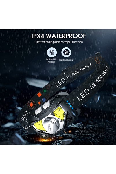 OBRALIX Lanterna LED frontala, 8 moduri iluminare, rezistenta la apa, senzor de miscare, camping, alergare,