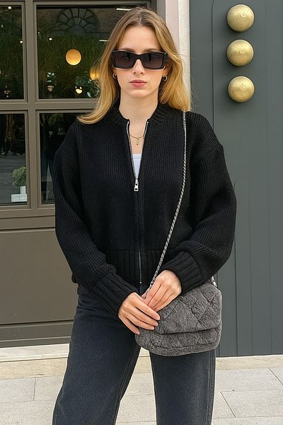 DEMİRBEY TEKSTİL Women's Black Zippered Long Sleeve Knitwear Cardigan