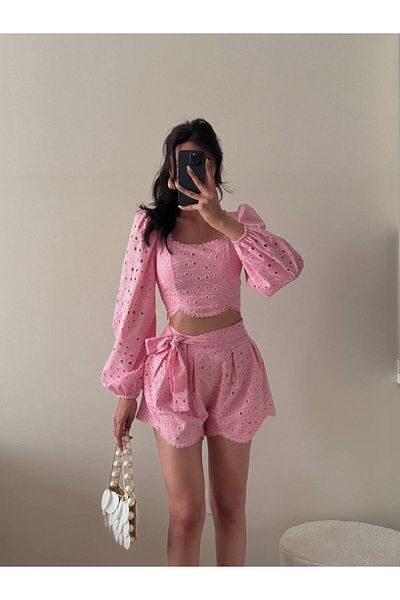 LOCH BUTİK Women's Pink Embroidered Shorts Double Set