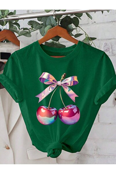 mercoledi Дамска тениска с щампа от череши, широка и овърсайз