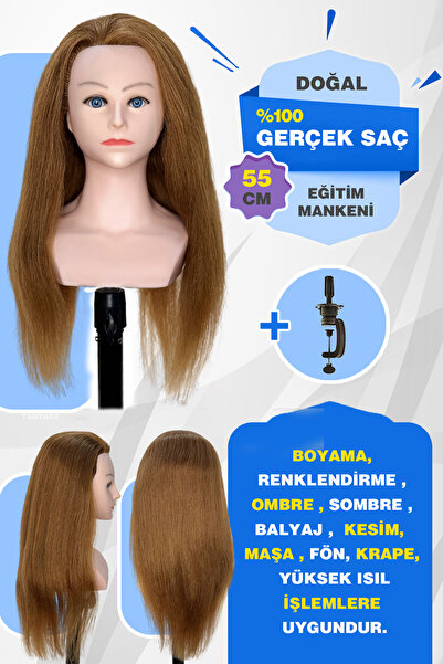 KONAK PERUK 100% Real Hair Shoulder Hairdresser Training Mannequin + Table Ap...