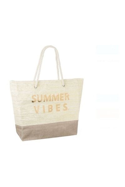 BURRAQ Beige Jute Tote Bag with Golden Foil and Sequins "SUMMER VIBES" for the Beach 55.5x15x42cm