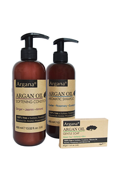 AZBANE -CASABLANCA - MAROC Set Cadou Rustic Argan Cutie Lemn Sampon Argana 400 ml, Balsam Par Argana 400 ml, Sapun Argana 40 gr