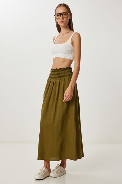 Lovelyİstanbul Contrast Belt Detailed Linen Skirt Lmc0067 Khaki