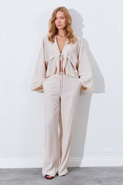 EDITION WOMAN Beige High Waist, Draped and Wide Leg Palazzo Pants |   Ek1001850511