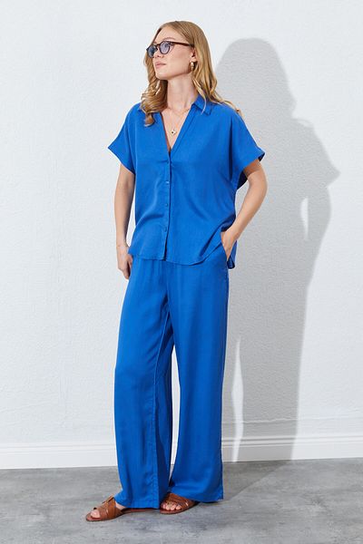 EDITION WOMAN Indigo Lace-Up Comfortable Stylish Women's Trousers with a Straight Cut at the Waist |   Ek100669938 ​​