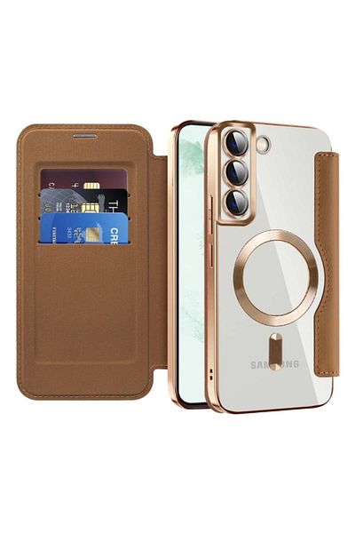 SKYDDAR INNOVATION Case for Samsung Galaxy S22 Plus, SmartMag Book, Magsafe, RFiD, Card Holder, sticker set, Brown