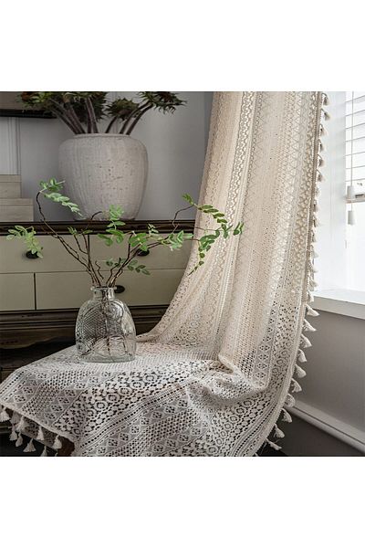 COOYA Sheer Curtains,Boho Curtains for Living Room Lace Curtains 2 Panel,Curtain Drapes for Bedroom,Beige
