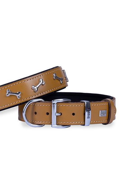 Doggie طوق كلب مزين بالعظام من الجلد المريح، جملي متوسط 3.5x47-55 سم