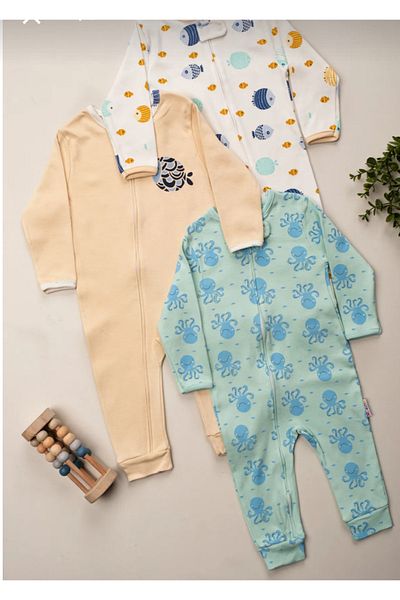 Baby Wings Zippered Fish Patterned 3-Piece Suit Jumpsuit
