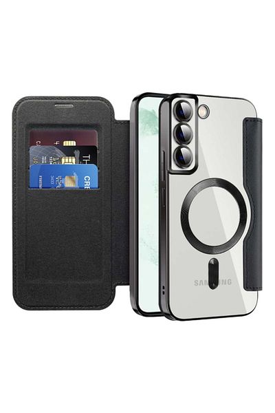 SKYDDAR INNOVATION Case for Samsung Galaxy S22 Plus, SmartMag Book, Magsafe, RFiD, Card Holder, sticker set, Black