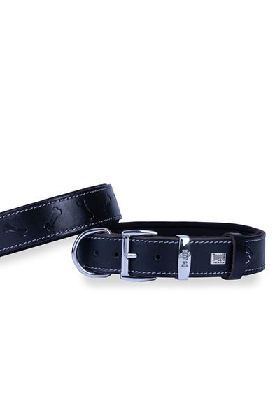 Doggie طوق كلب مريح من الجلد بنمط عظمة أسود متوسط 3.5x47-55 سم