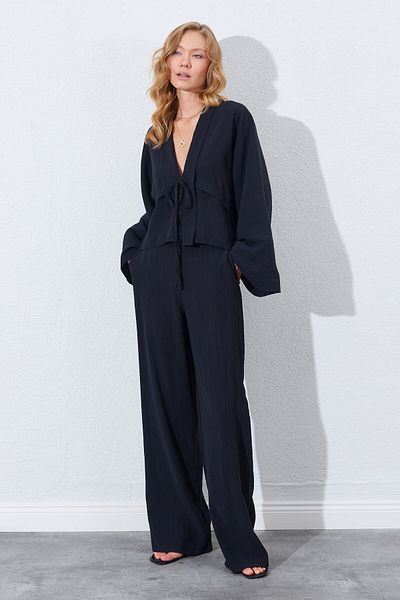EDITION WOMAN Black High Waist, Draped and Wide Leg Palazzo Pants |   Ek1001850511