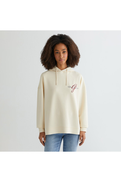 Gant Kadın Krem Oversize Fit Kapüşonlu Logolu Sweatshirt