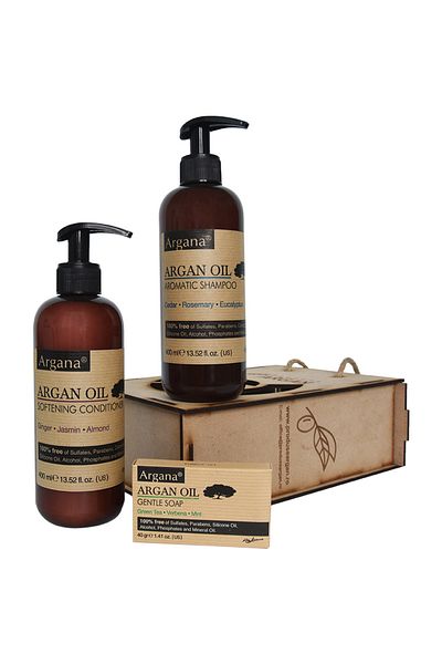 AZBANE -CASABLANCA - MAROC Set Cadou Rustic Argan Cutie Lemn Sampon Argana 400 ml, Balsam Par Argana 400 ml, Sapun Argana 40 gr
