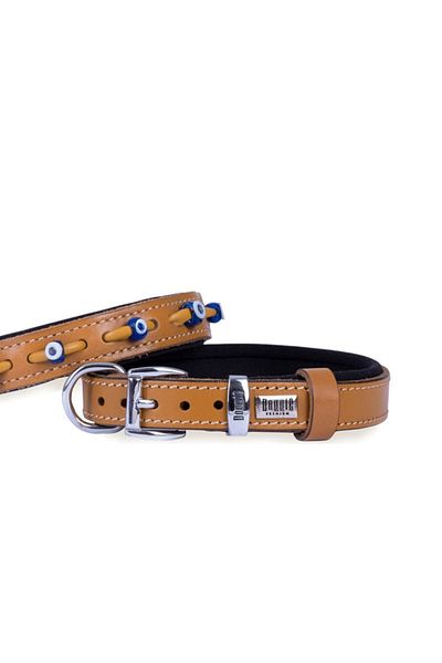 Doggie طوق كلب من الجلد المريح مزين بالخرز على شكل عين الشر، لون الجمل المتوسط، 2x35-40 سم