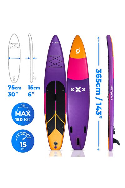 Thunder Placa Sup Gonflabilă Sharpe, 365x75x15cm, Set Cu Rucsac, Scaun, Pompă, Violet prună/portocaliu