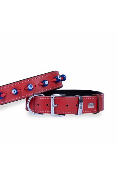 Doggie طوق كلب من الجلد المريح مزين بالخرز على شكل عين الشر، أحمر متوسط 3.5x47-55 سم