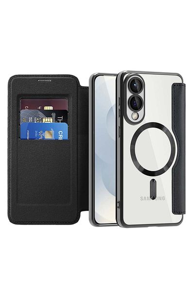SKYDDAR INNOVATION Case for Samsung Galaxy S25 Edge, SmartMag Book, Magsafe, RFiD, Card Holder, sticker set, Black