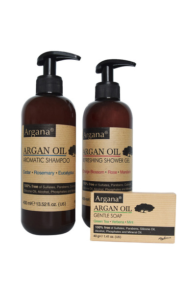 AZBANE -CASABLANCA - MAROC Set Cadou Rustic Argan Cutie Lemn Sampon Argana 400 ml, Gel De Dus Argana 400 ml, Sapun Argana 40 gr