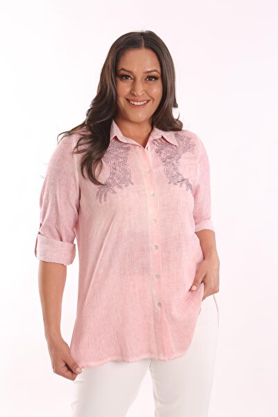 Metpoint Trend42plus Büyük Beden Pudra Taş Baskılı Batik Gömlek