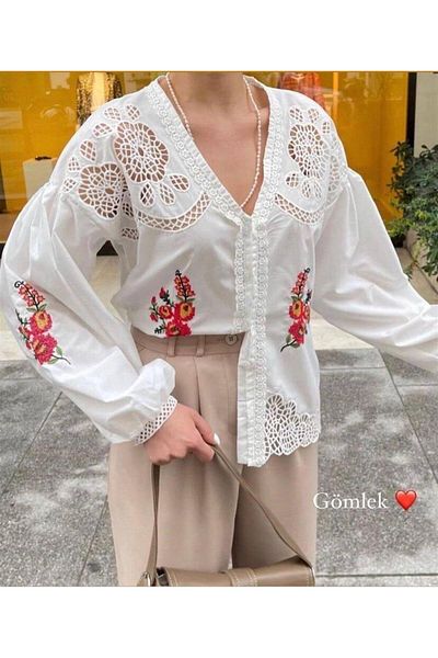 Lavanta Tekstil Cămașă cu detaliu de broderie cu flori și flori