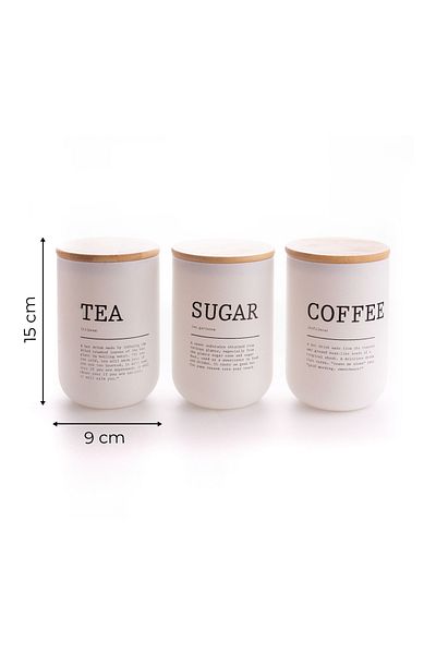 Kitchen Life Set of 3 Vacuum Bamboo Lid White Tea Coffee Sugar Jars 900 ml - Tea, Sugar, Coffee Jars