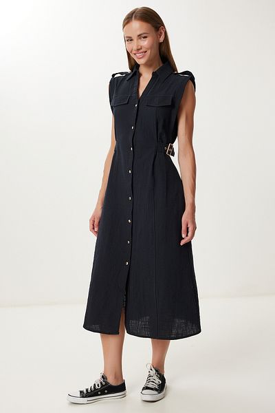 Lovelyİstanbul Belt Detailed Midi Linen Dress Ldp0069 Black