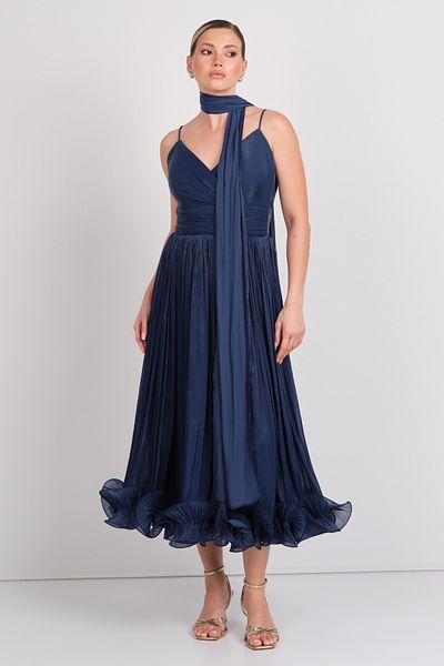 Balen Abiye Balen Women's Strap Skirt Hem Flounced Midi Evening Dress 5410 Navy Blue